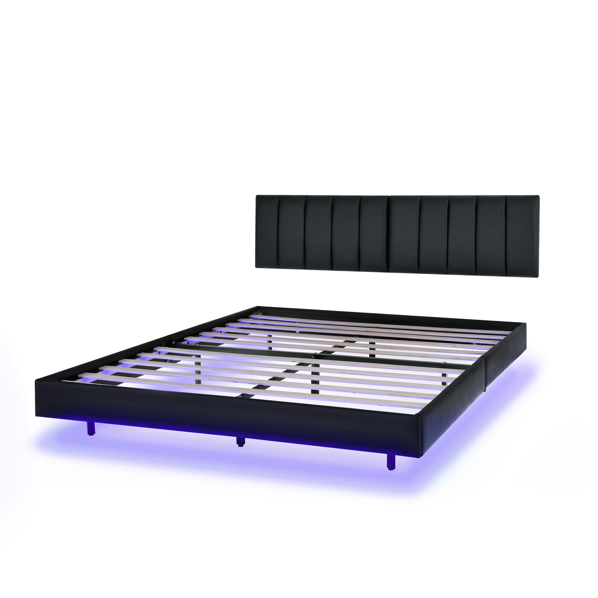 Queen Floating Bed Frame with LED Lights and Wall Mounted Headboard Modern Low Profile Led Platform Bed Frame Queen Size Faux Leather Upholstered Platform Bed Frame,No Box Spring Needed,Black W487P169722-djyc