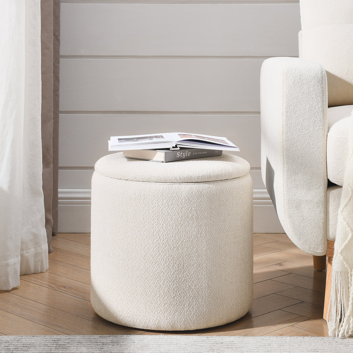 2-Piece Set Round Chenille Storage Ottoman, Equipped with a Drum Shaped Small Stool, Storage Space, and MDF Made Desktop Panel (Beige 23.62"x23.62"x16.53") W487P179601-djyc