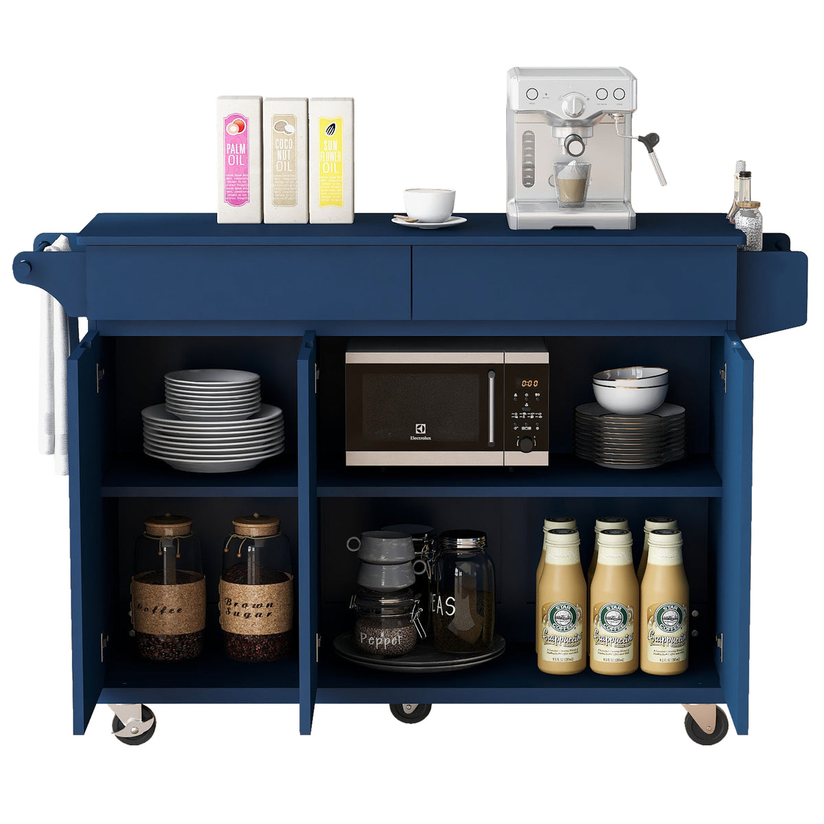 K&K 53.2''Kitchen Island with Drop Leaf, Kitchen Storage Cart with Spice Rack, Towel Rack and 2 Drawers, Rolling Kitchen Island on Wheels with Adjustable Shelves for Kitchen, Dining Room, Navy Blue N707P173041G-djyc