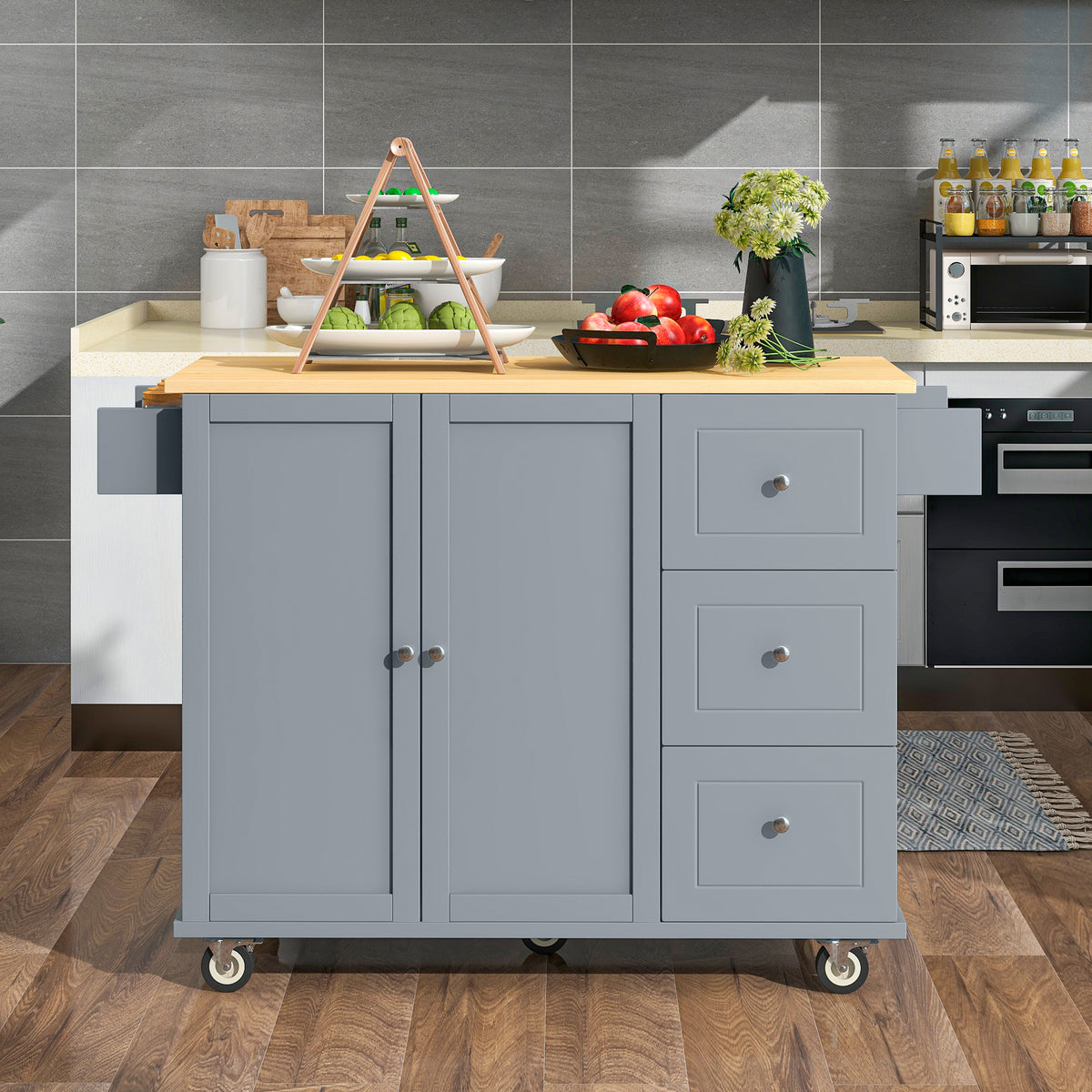 Rolling Mobile Kitchen Island with Solid Wood Top and Locking Wheels,52.7 Inch Width,Storage Cabinet and Drop Leaf Breakfast Bar,Spice Rack, Towel Rack & Drawer (Grey Blue) WF287035AAG-djyc