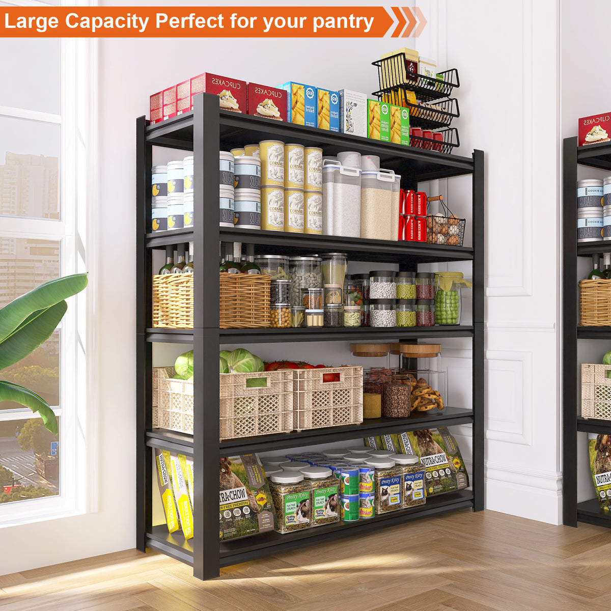 15.75 Inches Wide Black Metal Shelves, with 5 Removable Dividers, Large Capacity, Strong Load Bearing, Suitable for Garage, Kitchen and Office. W328P194166-djyc