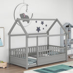 Twin Size Floor Wooden Bed with House Roof Frame, Fence Guardrails,Grey W1858123985-djyc
