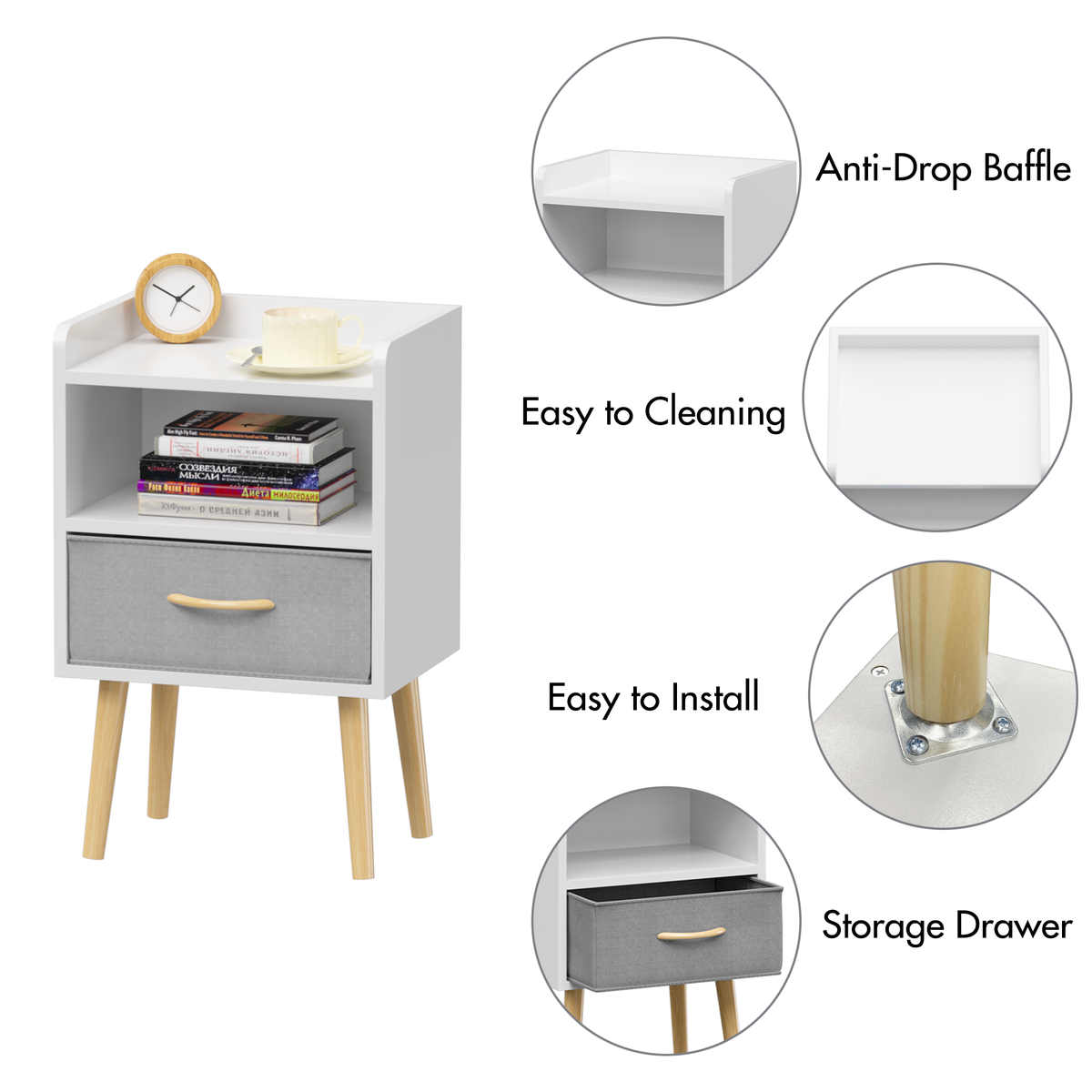 Nightstand With Collapsible Fabric Drawer, 2-Tier Storage End Table, Wood Side Table with Storage Cabinet for Kids, Adults - White W808P147114-djyc