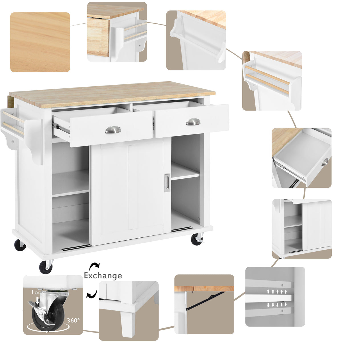 Kitchen Cart with Rubber wood Drop-Leaf Countertop, Concealed sliding barn door adjustable height,Kitchen Island on 4 Wheels with Storage Cabinet and 2 Drawers,L52.2xW30.5xH36.6 inch, White SK000001AAW-djyc