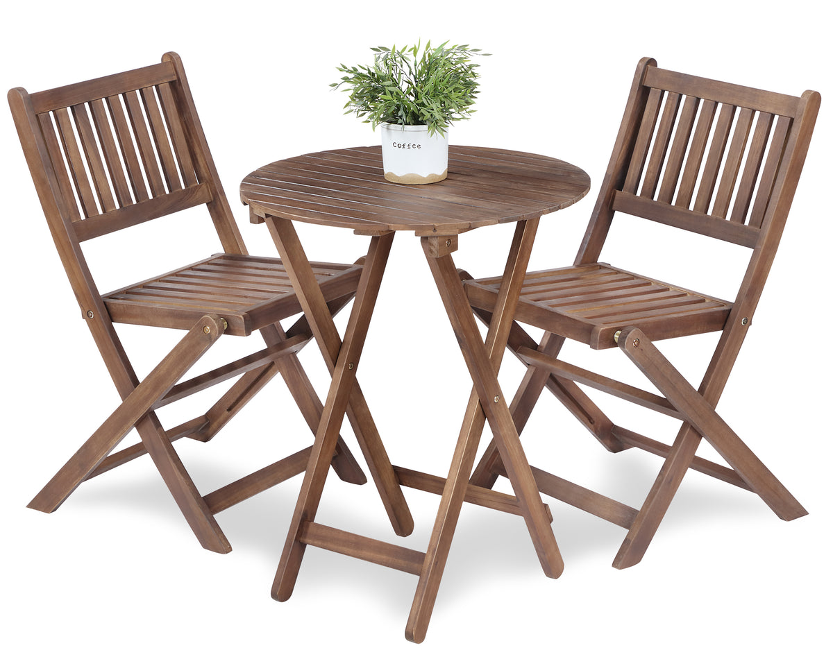 3-Piece Acacia Wood Bistro Set, Wooden Folding Patio Furniture for Garden Backyard Balcony Porch w/ 1 Coffee Table and 2 Foldable Chairs, Natural Stained W2640P209682-djyc