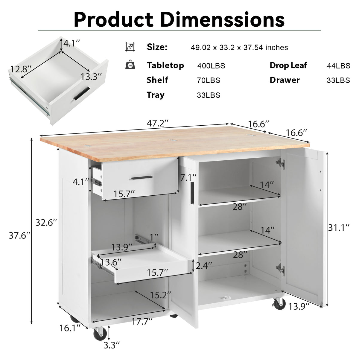 K&K Kitchen Island with Foldable Counter Top, Kitchen Storage Cart with Slide-Out Shelf, Towel Rack and Drawer, Rolling Kitchen Cart on Wheels, for Kitchen, Living Room, Dining Room, White N707P173036W-djyc