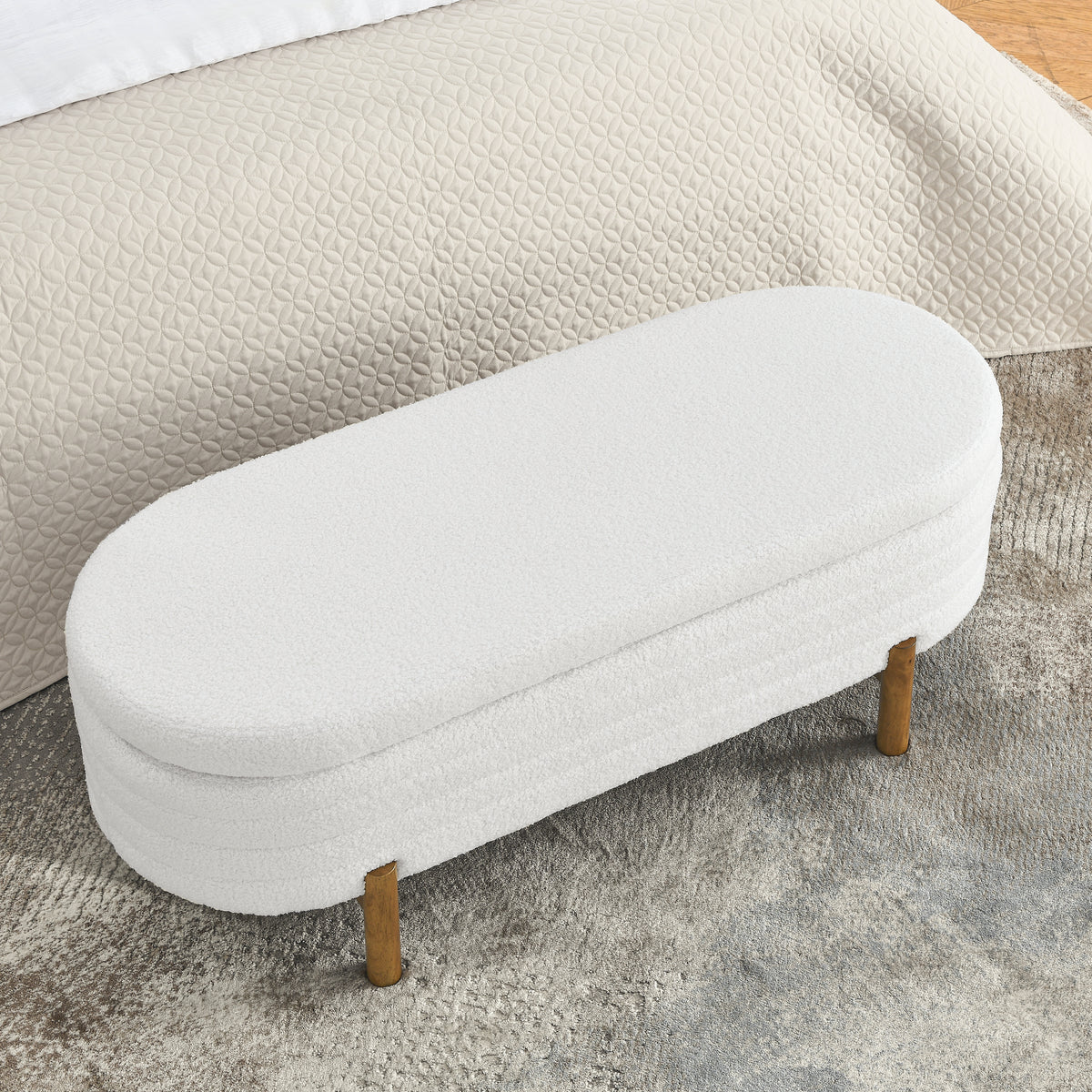 Ottoman Oval Storage Bench,Rubber Wood Leg,Beige(46."x17.7"x10.8") W487P178759-djyc