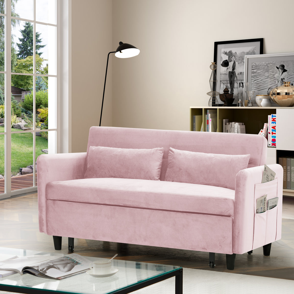 Sofa pull-out bed includes two pillows 54 "pink velvet sofa with small space W1278P144535-djyc