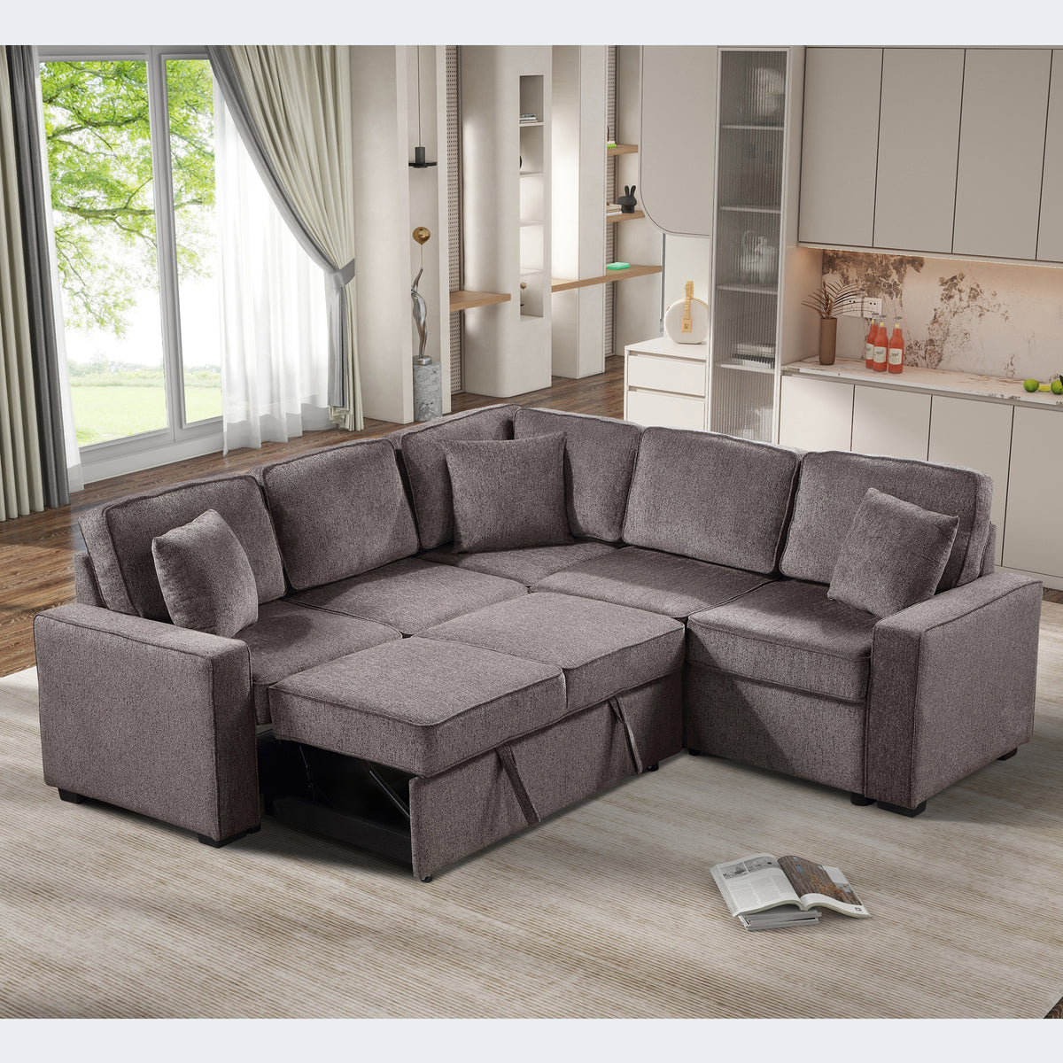 Modular Sofa, Sectional Couch L Shaped Sofa Couch with Pullout Sleeper, 5 Seat Chenille Corner Sofa for Living Room, 3 Pillows Included, Light Brown W1998S00053-djyc