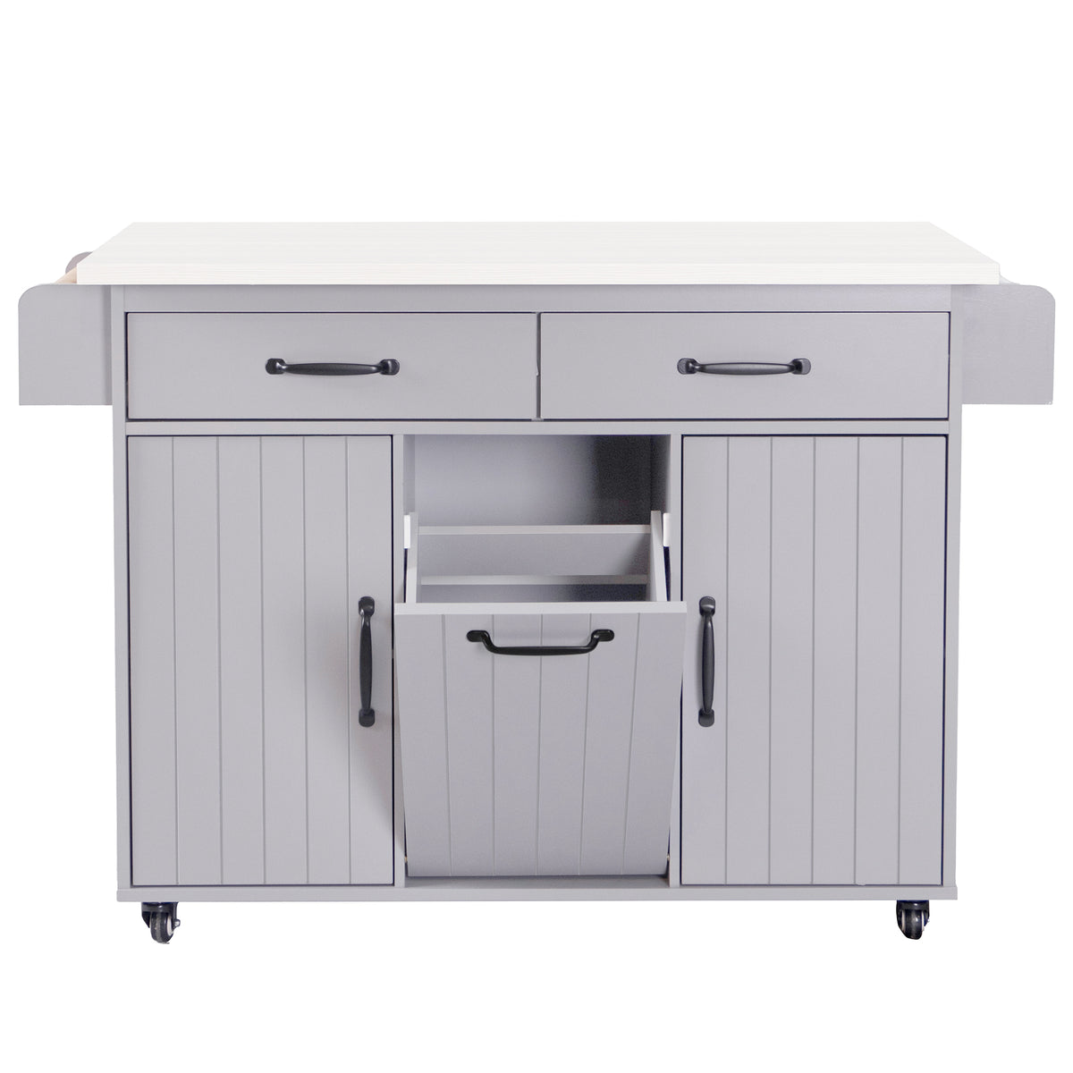 K&K Kitchen Island with Trash Can Storage Cabinet, Kitchen Cart with Drop Leaf, Spice Rack, Towel Rack and Drawer, Rolling Kitchen Island on Wheels with Adjustable Shelf, Grey WF326381AAG-djyc