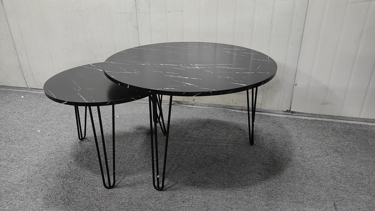 27.56'' Round Nesting Coffee Table Set of 2, Circular Nesting End Table Set, Round Marble Tabletop, and Sturdy Metal Base for Living Room, bedroom, Black W808P176733-djyc