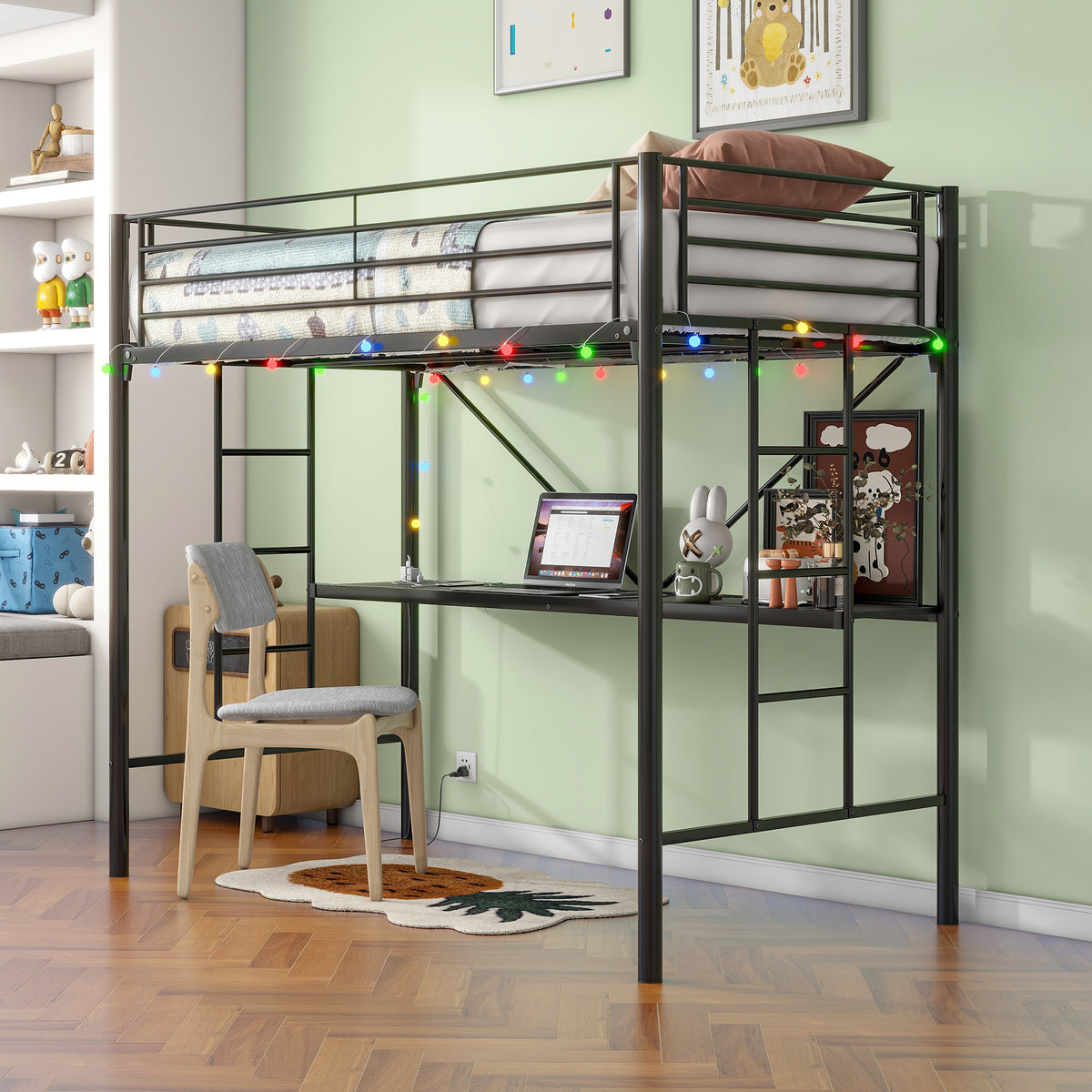 Twin Metal Loft Bed with Desk, Power Outlet and LED Lighted , Safety Guard & Ladder, No Box Spring Needed, Black W840P192240-djyc