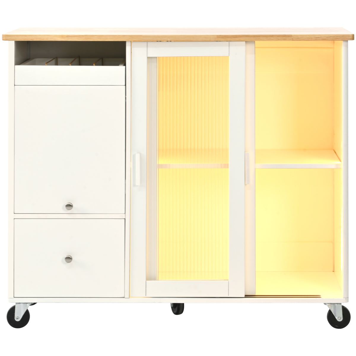 Kitchen Island with Drop Leaf, LED Light Kitchen Cart on Wheels with 2 Fluted Glass Doors and 1 Flip Cabinet Door, Large Kitchen Island Cart with an Adjustable Shelf and 2 Drawers (White) WF311171AAW-djyc