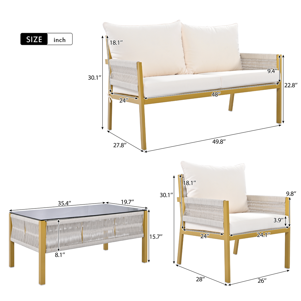 K&K 4-Piece Rope Patio Furniture Set, Outdoor Furniture with Tempered Glass Table, Patio Conversation Set Deep Seating with Thick Cushion for Backyard Porch Balcony (Beige&Mustard Yellow) SK000003AAZ-djyc