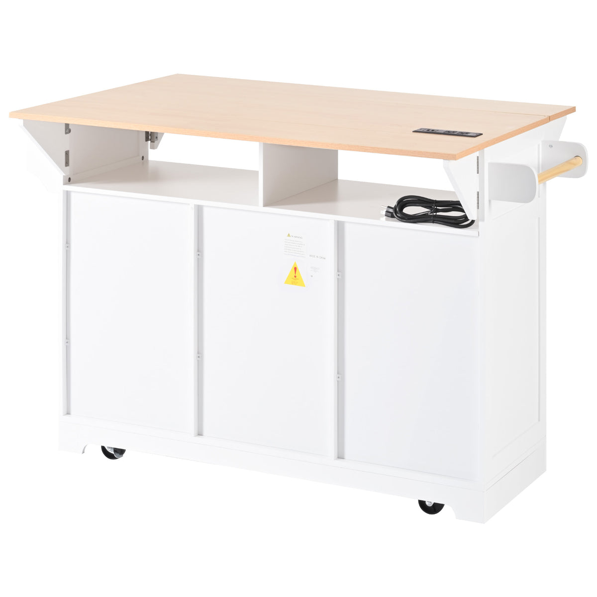 K&K 55.7'' Large Kitchen Island with 2 Drop Leaf,, Rolling Kitchen Cart on 5 Wheels with Power Outlet, Folding Storage Dining Table with Spice & Towel Rack , 3 Drawers, for Kitchen, Dining Room,White N707P186617W-djyc