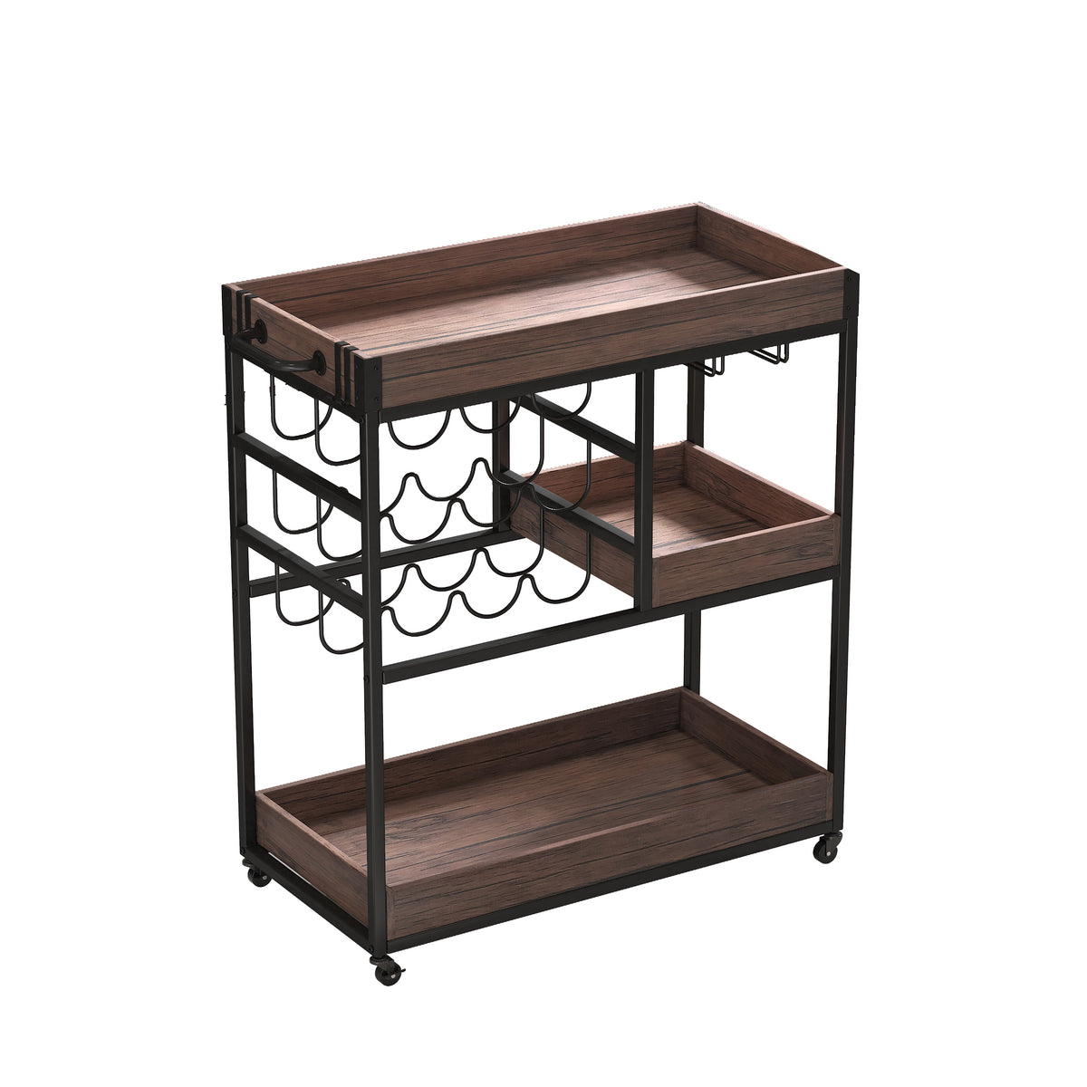 3 Tier Industrial Rolling Serving Cart with Lockable Wheels, Wine Rack Cart with Glass Holder for Indoor and Outdoor, Beverage Trolley cart with 2 Removable Tray, W2557P195401-djyc