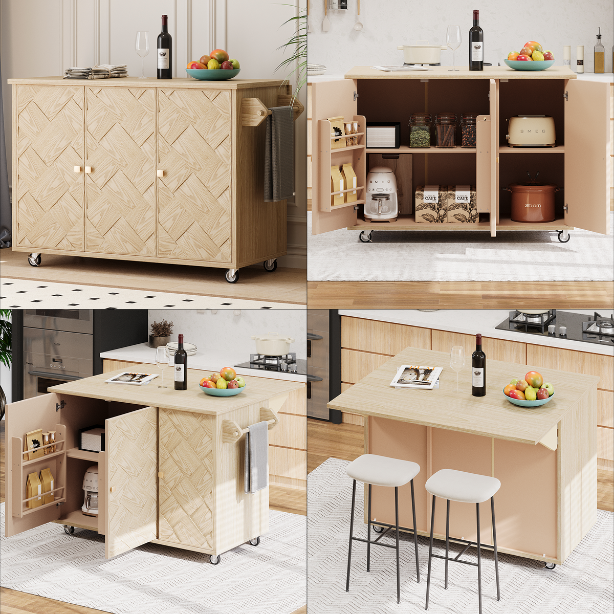 K&K 51.2"W Ash Veneer (Not Cheap Paper) Solid Wood Handwoven Kitchen Island with Drop Leaf, Coastal Kitchen Island on Wheels with Internal Storage Rack, Rolling Kitchen Cart, Nature Wood N707P207916Y-djyc