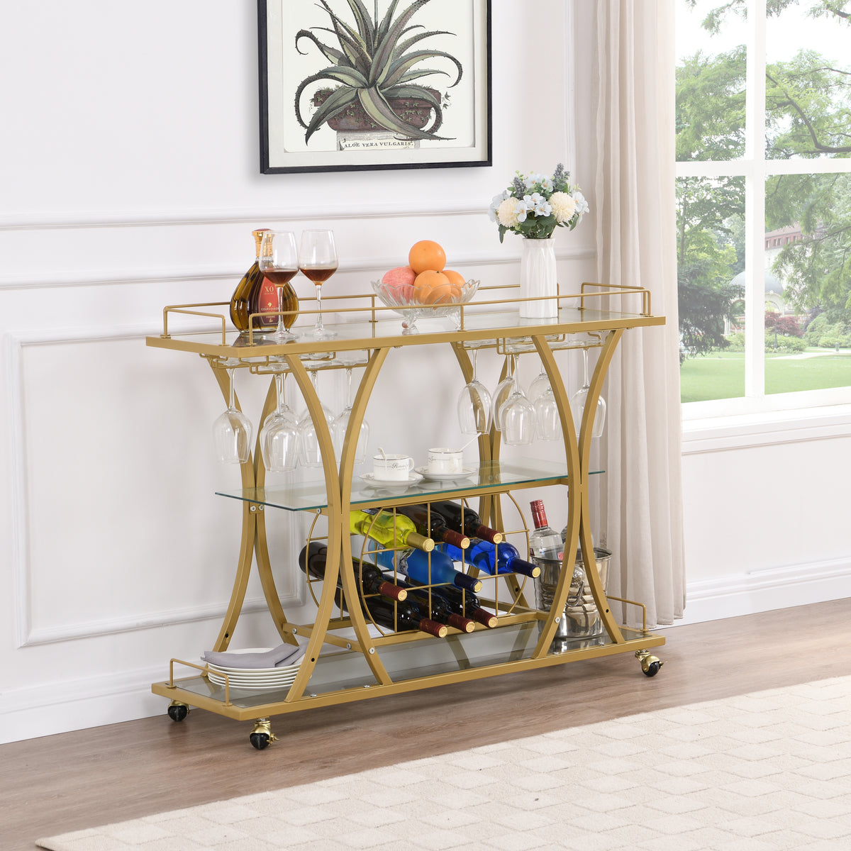 Golden Bar Cart with Wine Rack Tempered Glass Metal Frame Wine Storage W821P184472-djyc