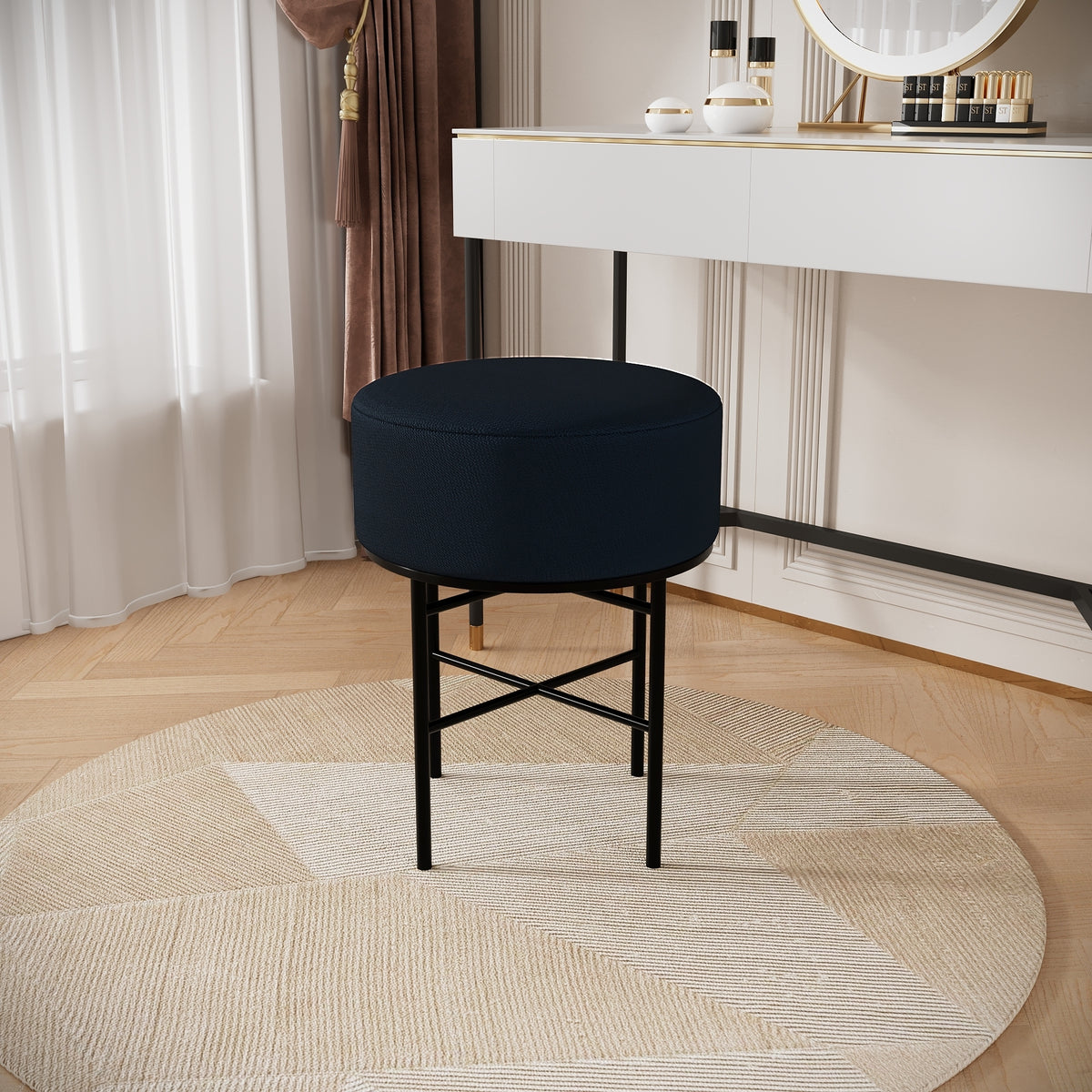 2 pcs Round Cushioned Vanity Stool, Linen Upholstered Vanity Stool for Makeup Room, Modern Soft Stool for Bar and Dining, Ottoman Footrest Stool with Metal Legs for Living Room, Bedroom(Black) W2557P180257-djyc