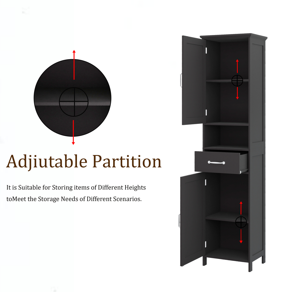 Double Door Narrow Height Slim Floor Standing Cabinet with 2 Adjustable Shelves-Black W282P171953-djyc