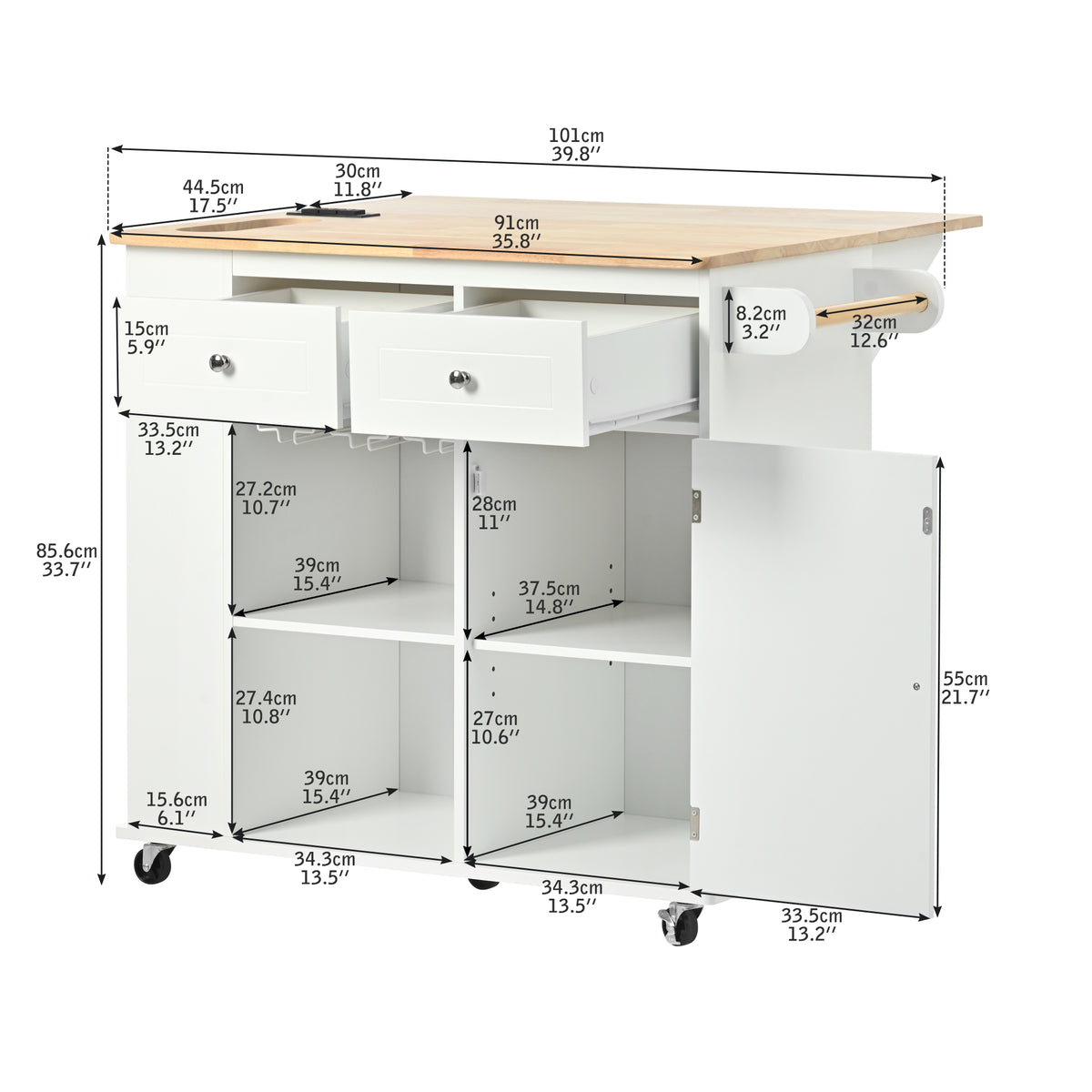 Kitchen Island with Power Outlet,Kitchen Storage Island with Drop Leaf and Rubber Wood,Open Storage and Wine Rack,5 Wheels,with Adjustable Storage for Home, Kitchen, and Dining Room,White WF305556AAW-djyc