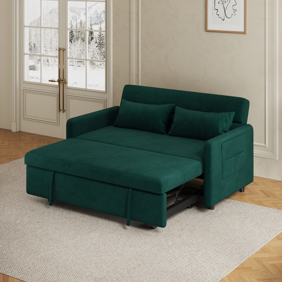 Sofa Pull Out Bed Included Two Pillows 54" Green Velvet Sofa for Small Spaces W1278125092-djyc