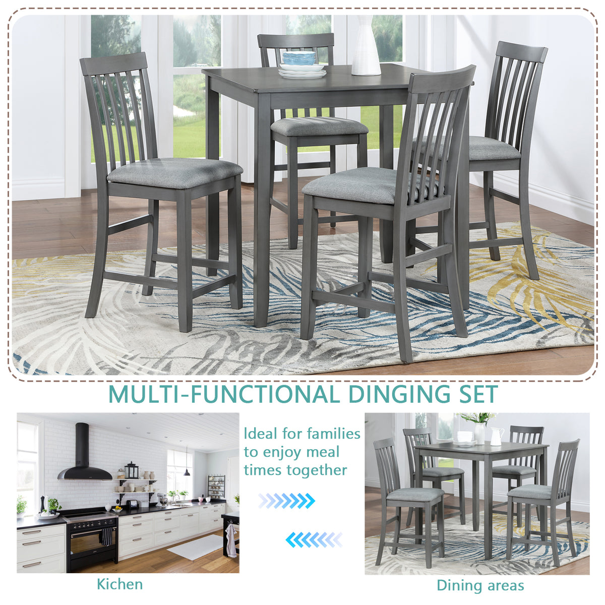 5 Piece Dining Table Set, Wooden Dining Square Table Set for 4, Counter Height Kitchen Table Set with Square Table and 4 Upholstered Chairs for Small Space, Gray W1998S00030-djyc