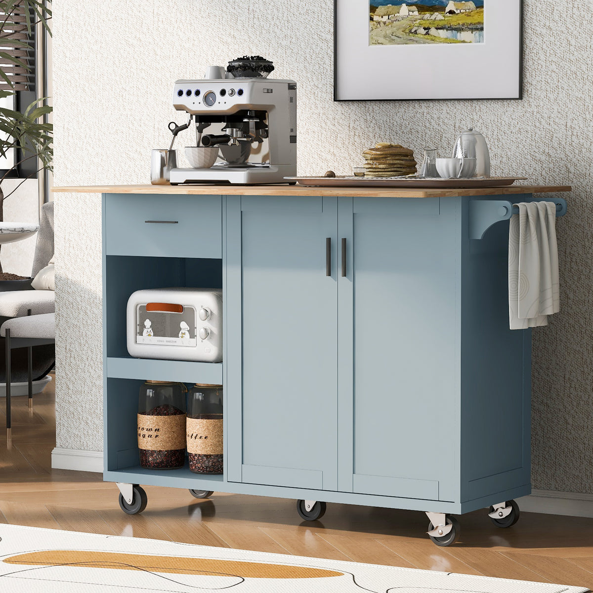 K&K Kitchen Island with Foldable Counter Top, Kitchen Storage Cart with Slide-Out Shelf, Towel Rack and Drawer, Rolling Kitchen Cart on Wheels, for Kitchen, Living Room, Dining Room, Grey Blue N707P173036G-djyc