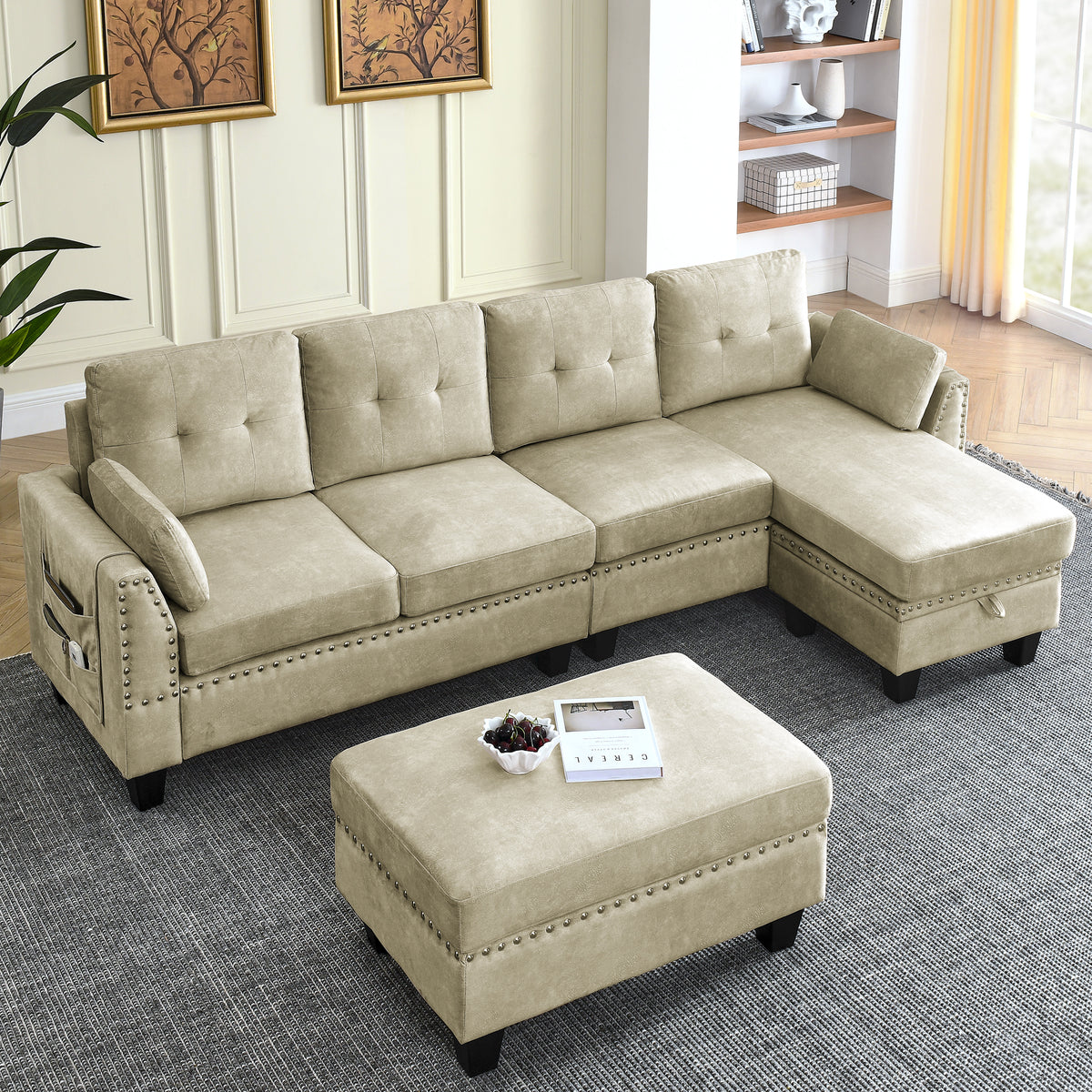 Sectional 3-Seaters Sofa ,Double-sided multi-functional footstool, storage mat , Non-slip leg, two pillows, Velvet,beige W487S00238-djyc