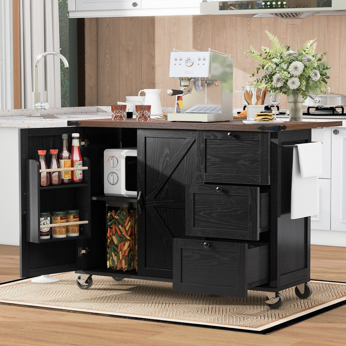 K&K 54.5" Farmhouse Kitchen Island with Power Outlet, Kitchen Storage Islandwith Internal Storage Rack, Drop Leaf, Spice Rack, Rolling Kitchen Cart on Wheels, for Home, Kitchen and Dining Room,Black N707P170349B-djyc