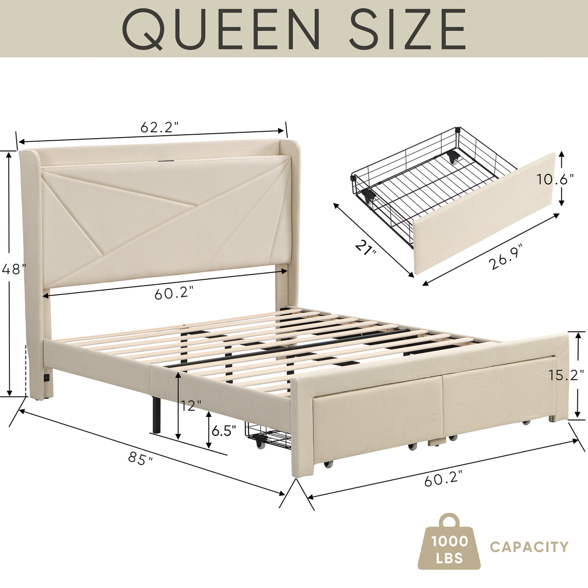 Queen Size Bed Frame with 2 Storage Drawers, Upholstered Bed Frame with Wingback Headboard Storage Shelf Built-inUSB Charging Stations and Strong Wood Slats Support, No Box Spring Needed, Beige W1916126261-djyc