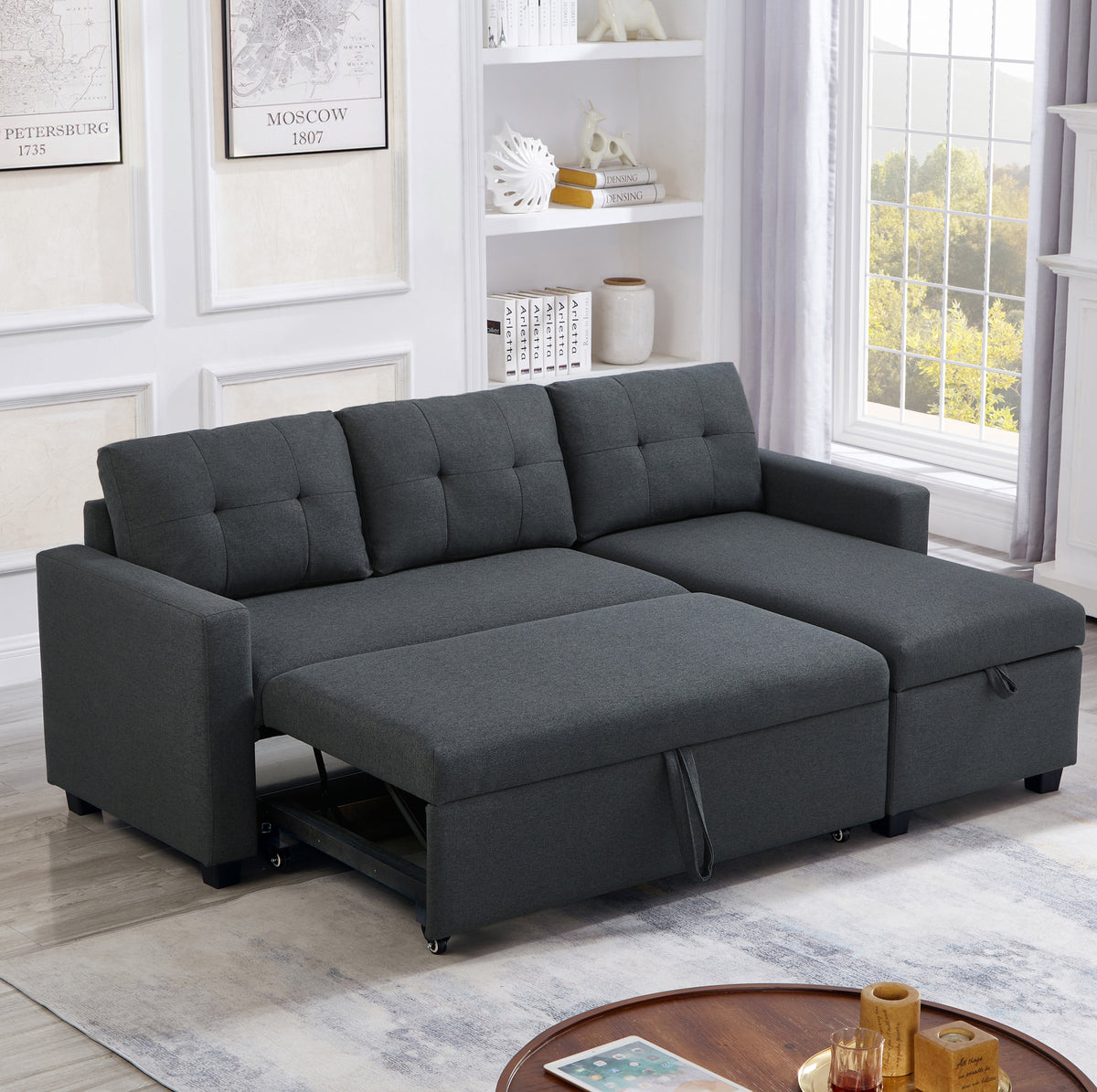 Upholstered Pull Out Sectional Sofa with Storage Chaise, Convertible Corner Couch, Dark Grey W2336S00012-djyc