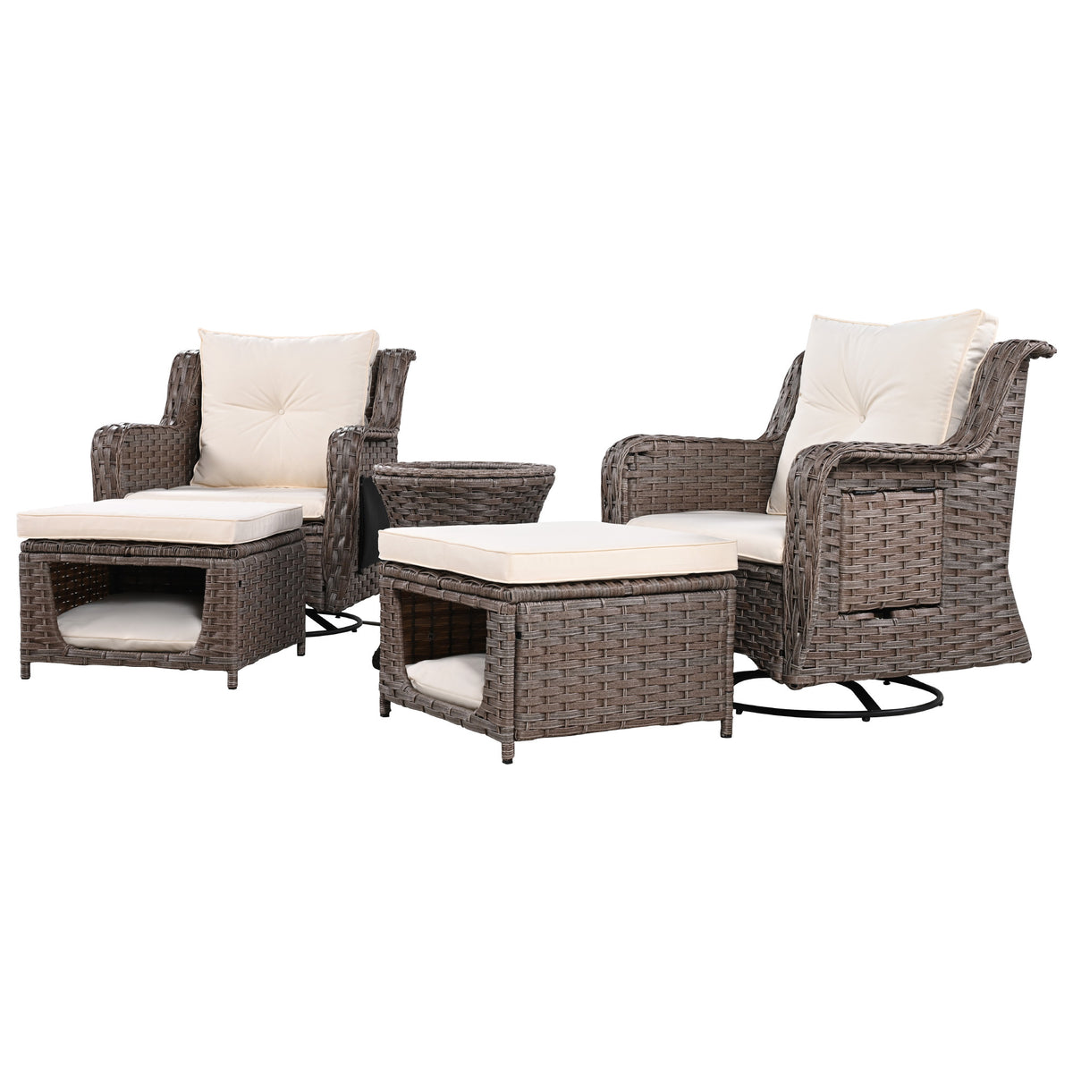 K&K 5 Pieces Outdoor Patio Furniture Set with Pet House Cool Bar and Retractable Side Tray, Rattan Wicker Patio Swivel Rocking Chairs Set of 2 with Ottomans for Backyard, Porch, Balcony, Beige SK000006AAA-djyc