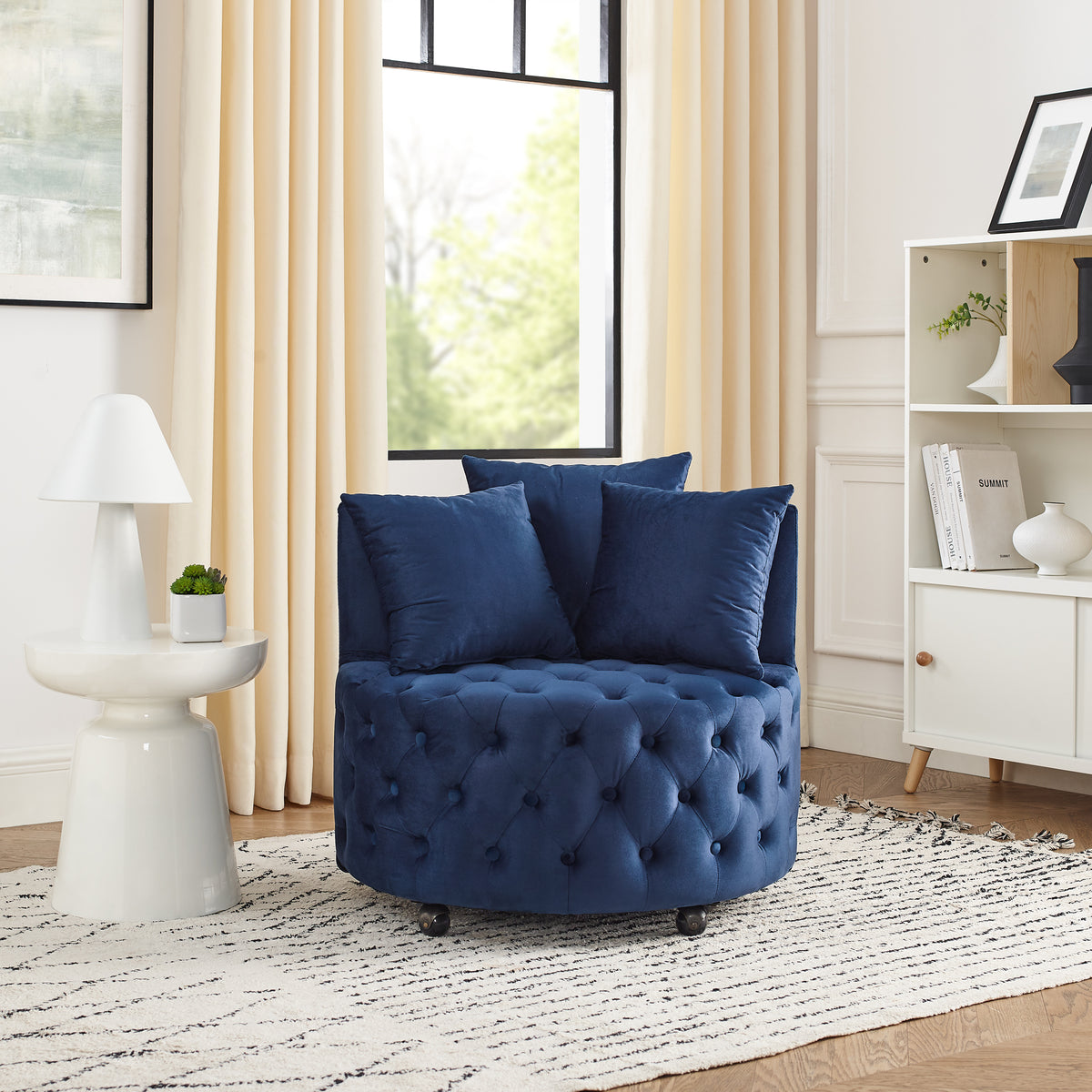 Velvet Upholstered Swivel Chair for Living Room, with Button Tufted Design and Movable Wheels, Including 3 Pillows, Blue W487124835-djyc