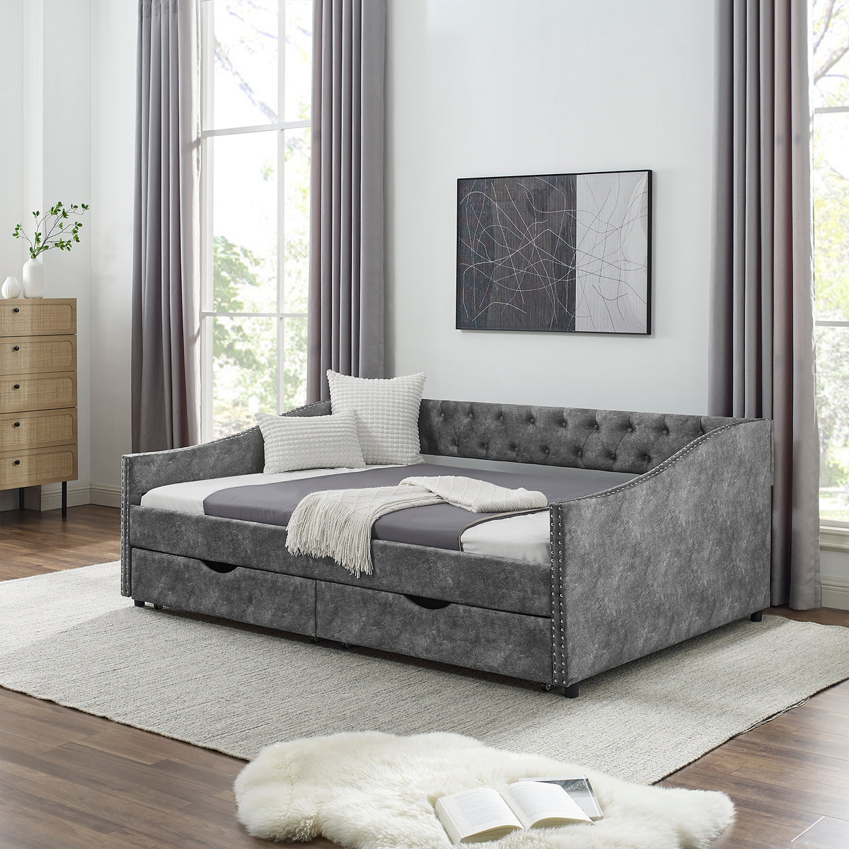 Full Size Daybed with Drawers Upholstered Tufted Sofa Bed, with Button on Back and Copper Nail on Waved Shape Arms, Grey (80.5''x55.5''x27.5'') W1413S00003-djyc