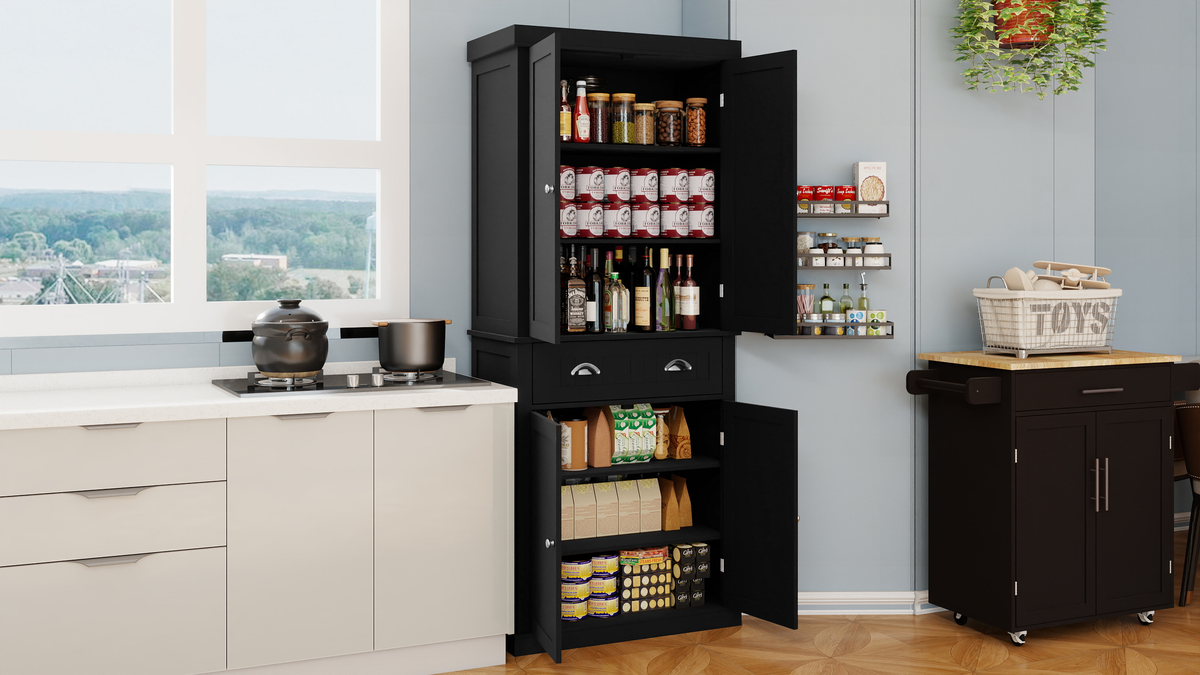 71" Kitchen Pantry Storage Cabinet , with 4 Doors, Drawer, 2 Adjustable Shelves, Freestanding Cupboard for Dining Room Living Room, Laundry-Black W282S00032-djyc