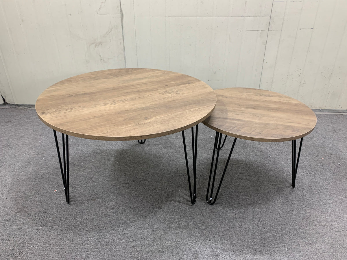 27.56'' Round Nesting Coffee Table Set of 2, Circular Nesting End Table Set, Round Wooden Tabletop, and Sturdy Metal Base for Living Room, bedroom, Brown W808P176732-djyc