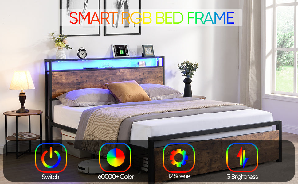 Queen Size Bed Frame with Storage Headboard and 2 Drawers, LED Lights Bed with Charging Station, Metal Platform Bed No Noise, Mattress Foundation Strong Metal Slats Support No Box Spring Needed W1916126253-djyc