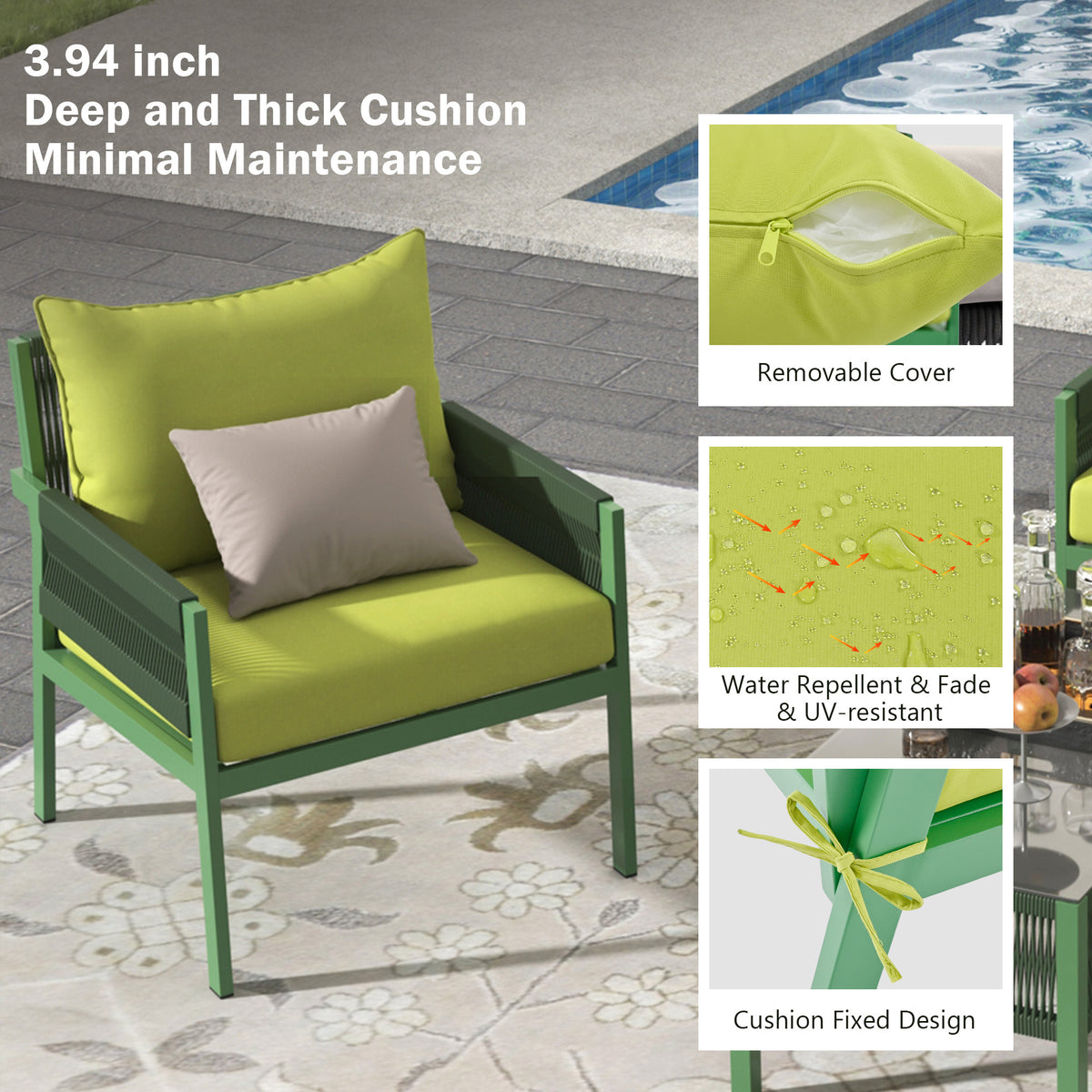 K&K 4-Piece Rope Patio Furniture Set, Outdoor Furniture with Tempered Glass Table, Patio Conversation Set Deep Seating with Thick Cushion for Backyard Porch Balcony (Fluorescent Yellow & Green) SK000003AAE-djyc