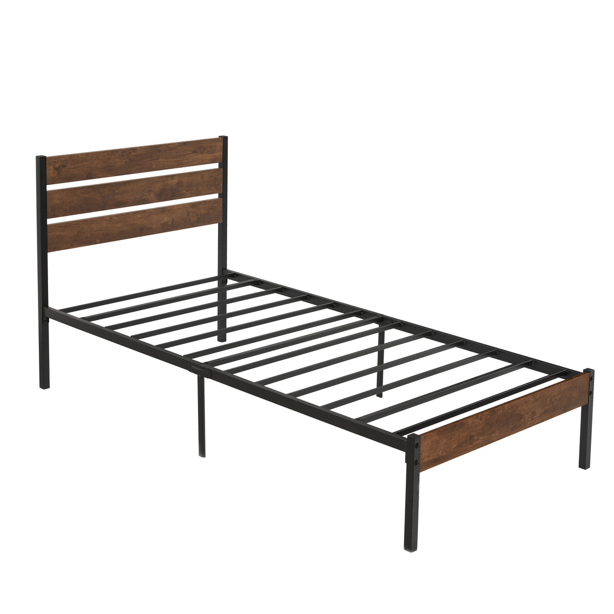 Twin Size Bed Frame with Wood Headboard, Metal Frame with Strong Slats, Noise Free,No Box Spring Needed-Brown W2336P167500-djyc