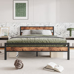 Queen Size Platform Bed Frame with Rustic Vintage Wood Headboard, Strong Metal Slats Support, No Box Spring Needed W840P144084-djyc