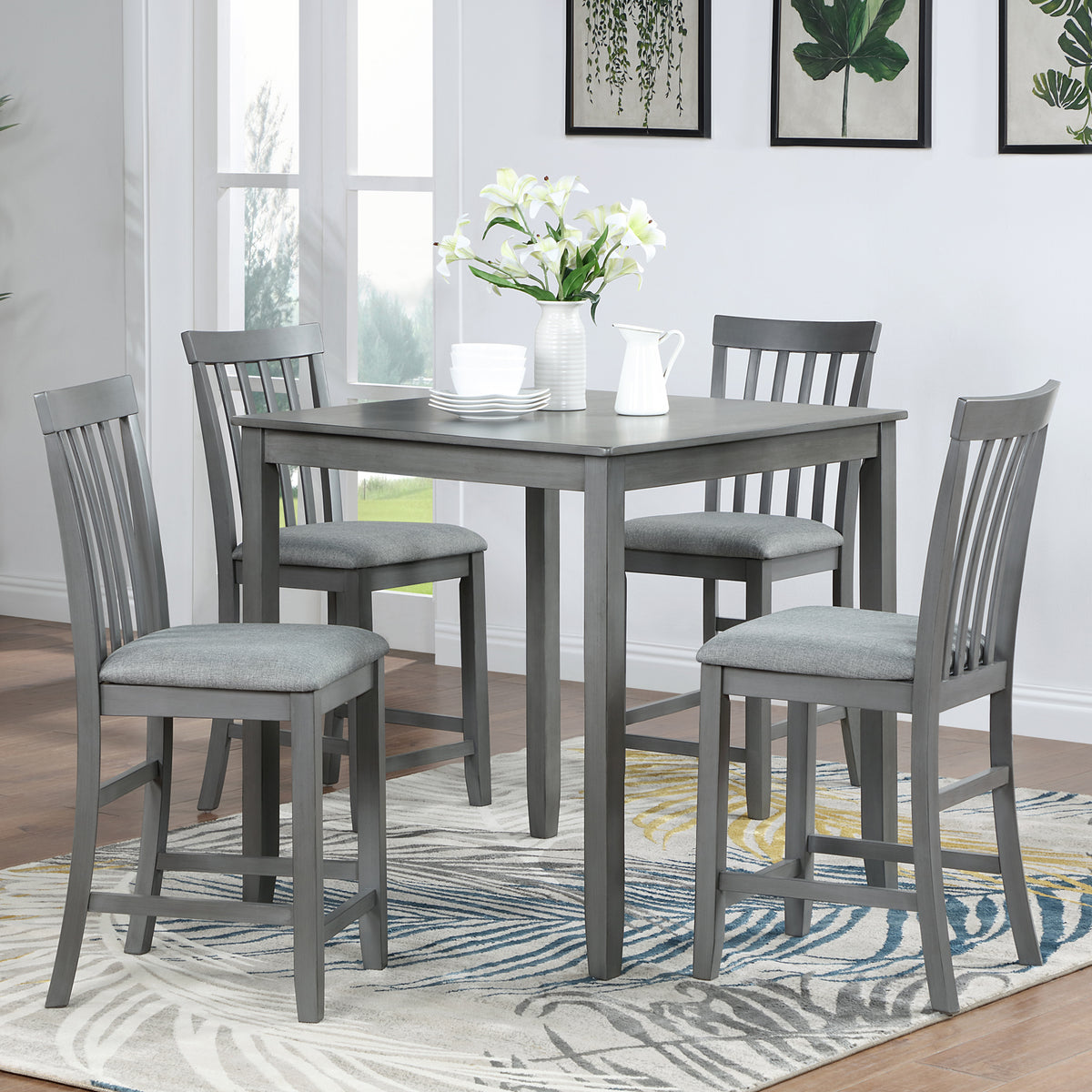 5 Piece Dining Table Set, Wooden Dining Square Table Set for 4, Counter Height Kitchen Table Set with Square Table and 4 Upholstered Chairs for Small Space, Gray W1998S00030-djyc