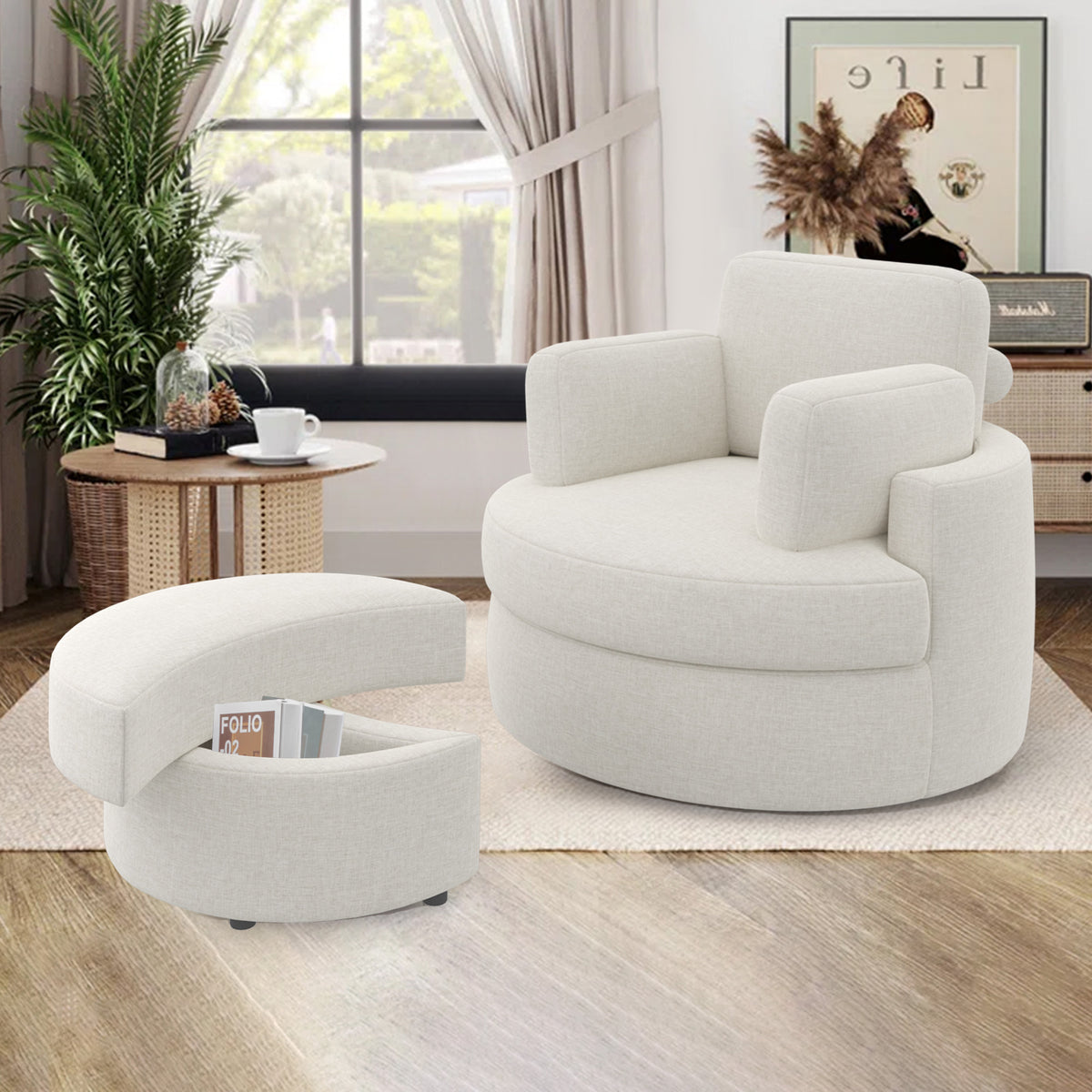 Modern Lounge Sofa and Ottoman Set: 360° Swivel & Storage Ottoman FU01046-wz