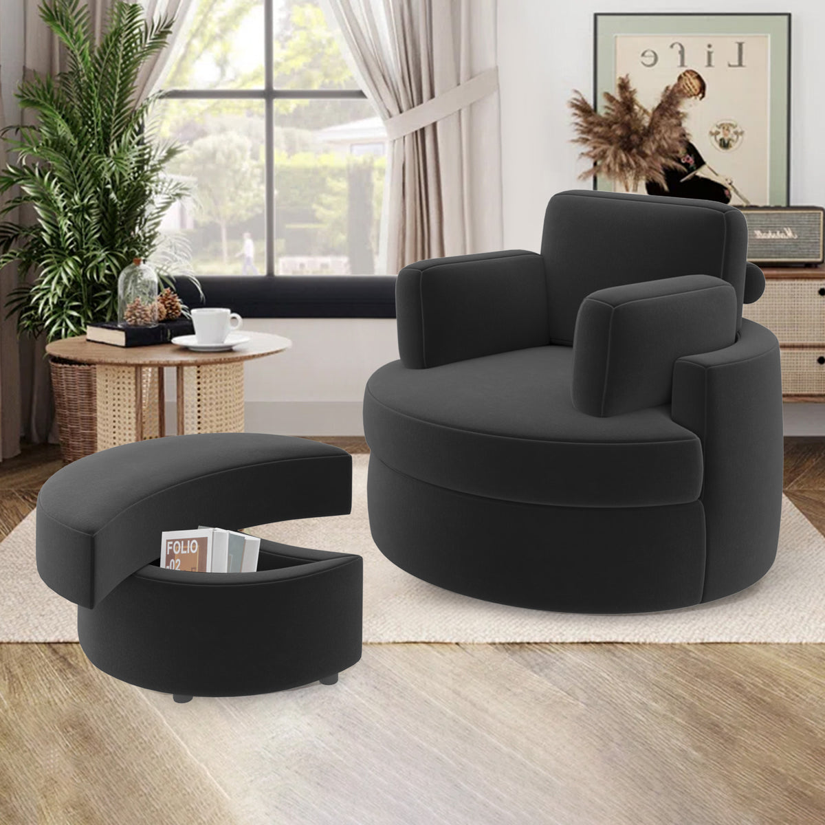 Modern Lounge Sofa and Ottoman Set: 360° Swivel & Storage Ottoman FU01046-wz