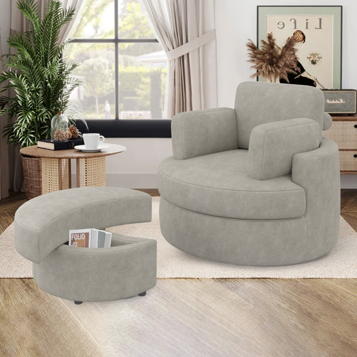 Modern Lounge Sofa and Ottoman Set: 360° Swivel & Storage Ottoman FU01046-wz