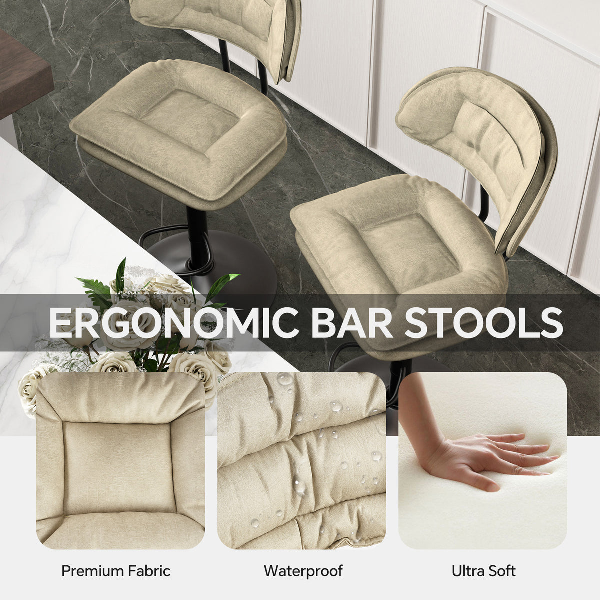 Modern Waterproof Bar Stool: Ergonomic Design & Dual-Layer Ultra-Soft Seat Cushion and Backrest FU01037-wz