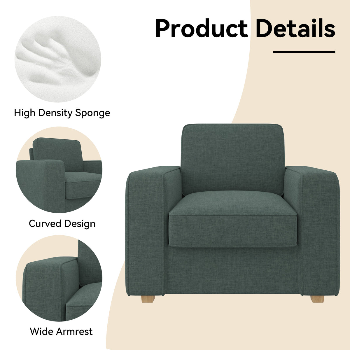 Modern Minimalist Single Sofa: High-Density Sponge & Wide Armrest Design FU01048-wz