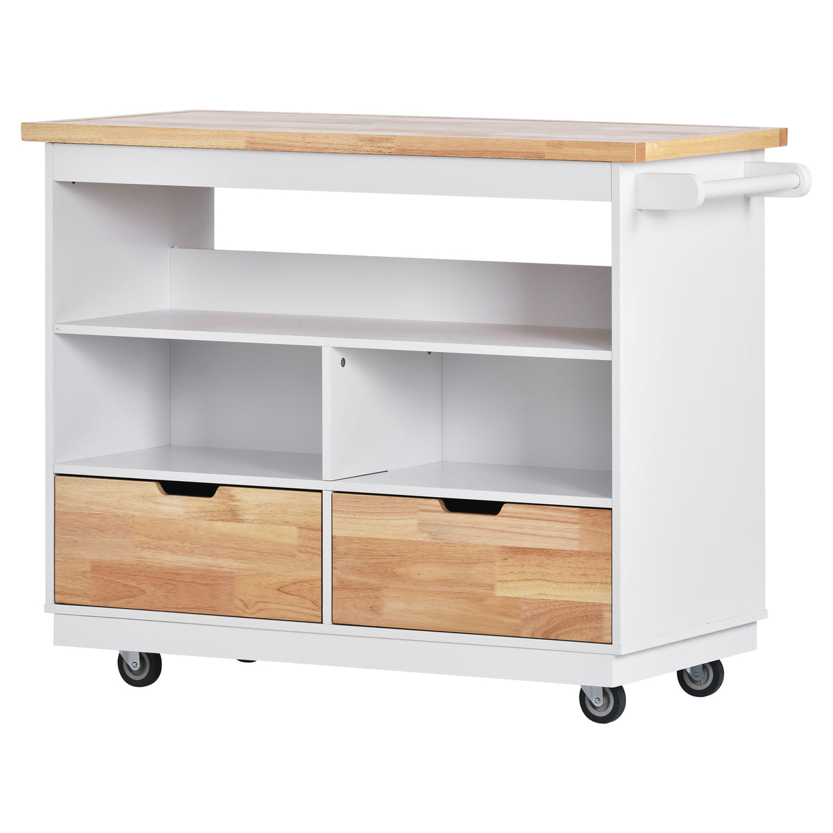 Rolling Kitchen Island with Storage, Two-sided Kitchen island Cart on Wheels with RubberWood Top,Wine and Spice Rack, Large Kitchen Cart with 2 Drawers, 3 Open Compartments, White WF318964AAW-djyc