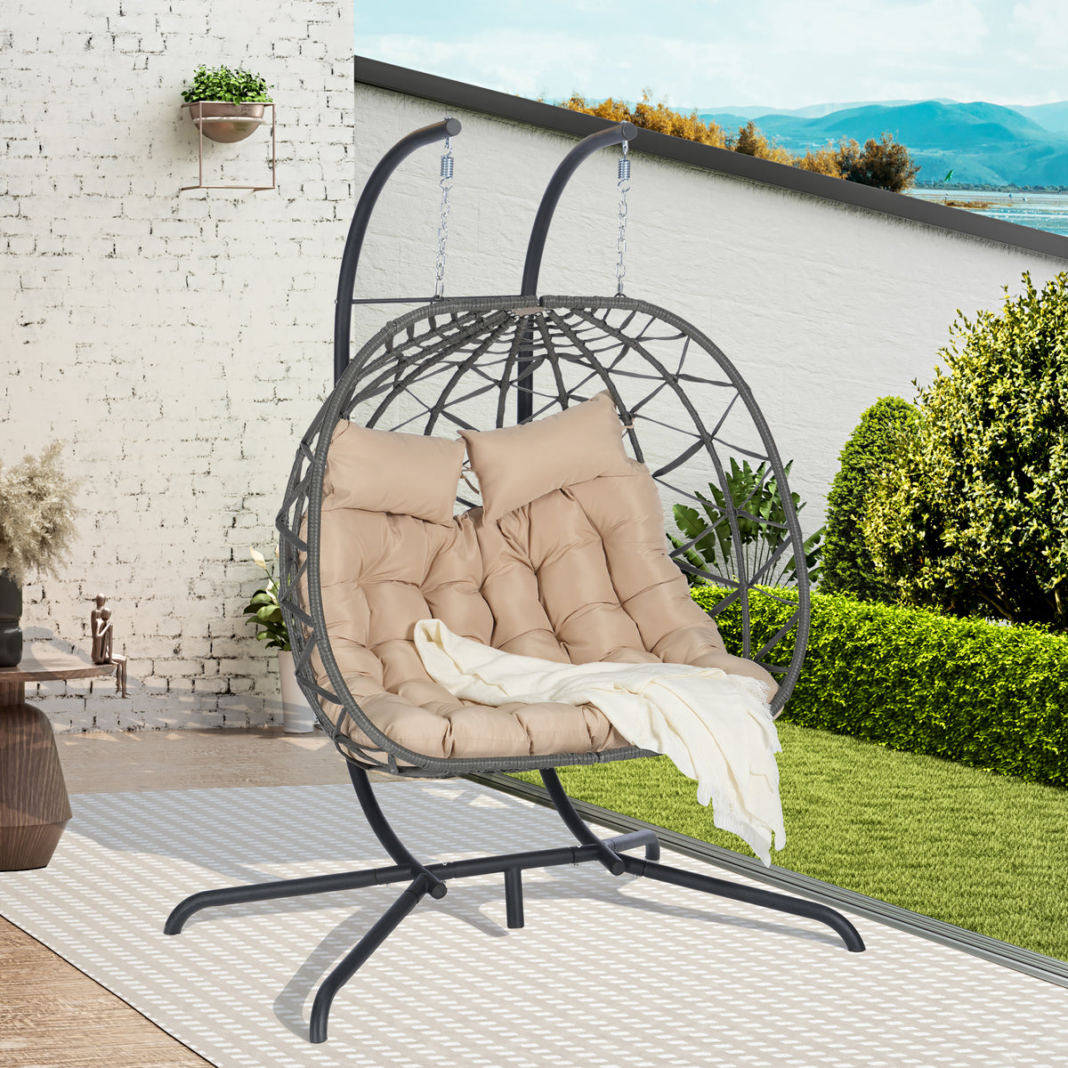 Double Egg Chair with Stand Hanging Indoor Outdoor Wicker Rattan Patio Basket Egg Swing Chair Hammock Egg Chairs with UV Resistant Cushions 600 lbs for Bedroom Balcony Patio W874P270569-djyc