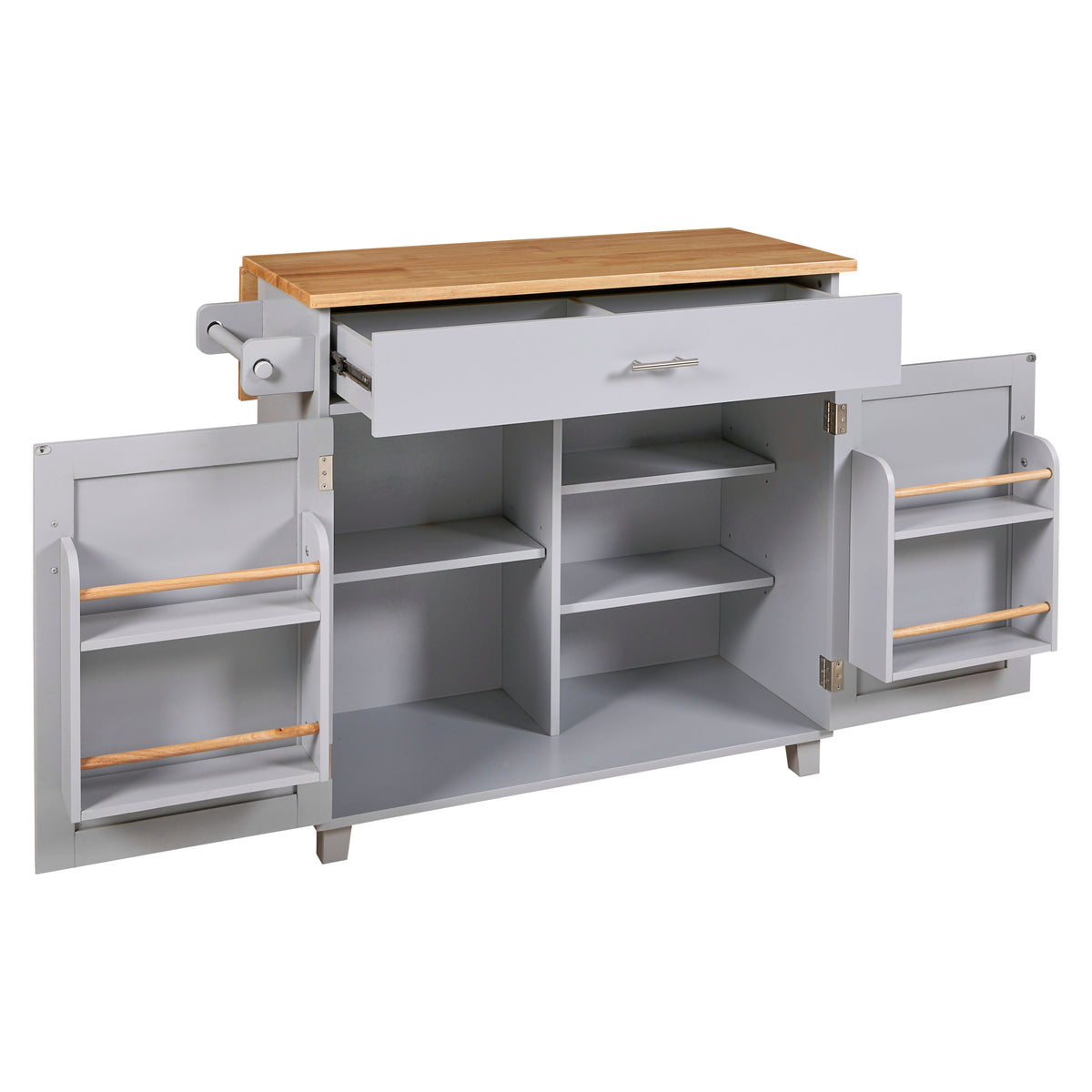 K&K Rolling Kitchen Island with Storage, Kitchen Cart with Rubber Wood Top, Spacious Drawer with Divider and Internal Storage Rack, Kitchen Island on Wheels with Adjustable Shelf Tower Rack, Grey WF316601AAG-djyc